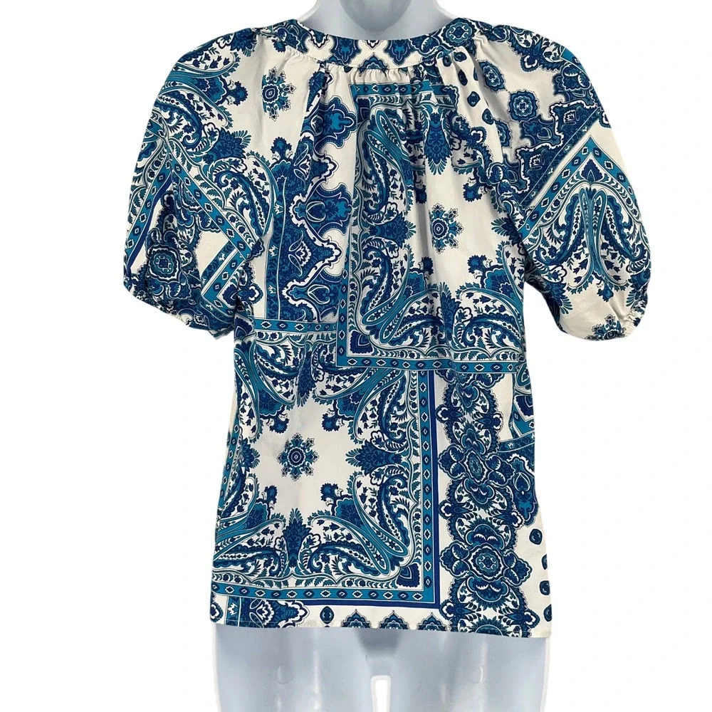 LOFT Top XS Blue White Paisley Bandana Print Puff Sleeve Boho Airy Cruise Travel